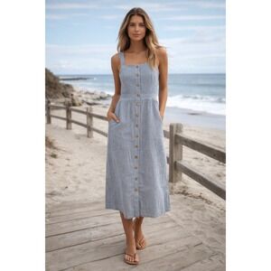 Sustainable Hemp Tencel Dress Fair Trade Coastal Stripe Button Front Pockets L